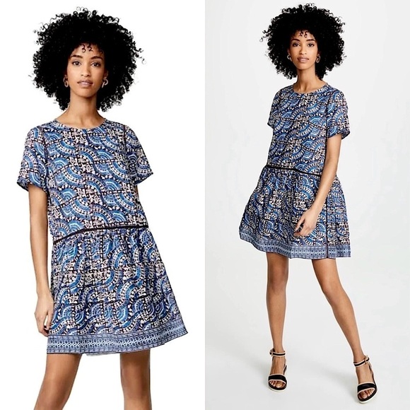 SEA NEW YORK Floral Tile Block Print Short Sleeve Babydoll Shift Mini Dress 2 - Picture 1 of 8